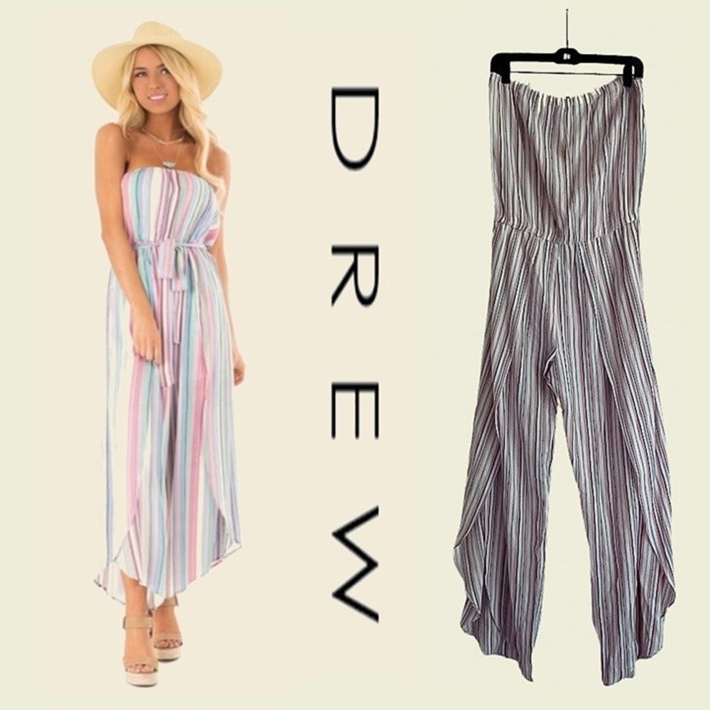 DREW by Anthropologie NEW EMERSON Striped Bandeau Side Slit Leg Jumpsuit M